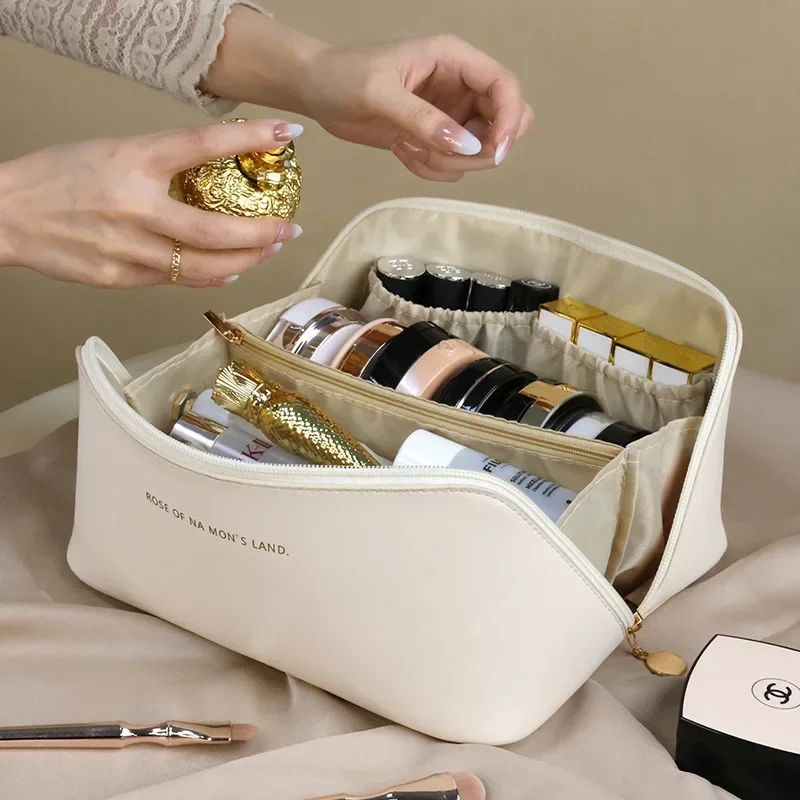 sac à cosmétiques de voyage en cuir de grande capacité pour femme, trousse de maquillage portable, étanche, trousse de toilette multifonctionnelle, sac de rangement d'évaluation