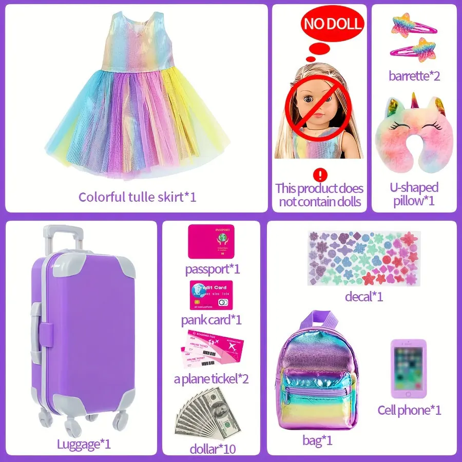 vêtements et accessoires de poupée de 18 pouces, valise de voyage, ensemble comprenant oreiller, sac licorne, appareil photo, ordinateur, téléphone, passeport pour enfants gi