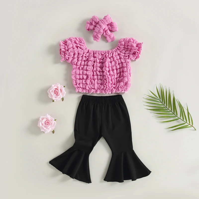 vêtements pour enfants filles, couleur unie, froncé, manches courtes, col élastique, hauts, taille élastique, pantalon évasé, bandeau, costume 3 pièces