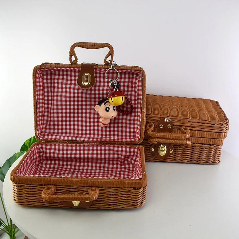 valise de tri et de rangement de cosmétiques, boîte cadeau de transport à la main, mir de rangement tissé en rotin, rétro