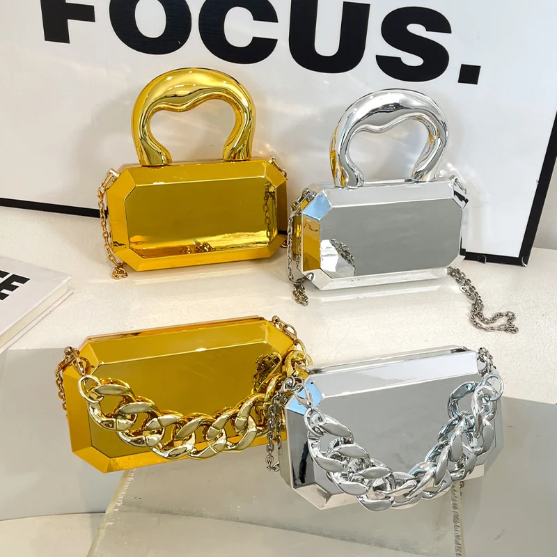 Sac à main femme sacs pour femmes 2025 pochettes mode géométrique Mini fête soirée sac à bandoulière sac à bandoulière boîte en or pochette