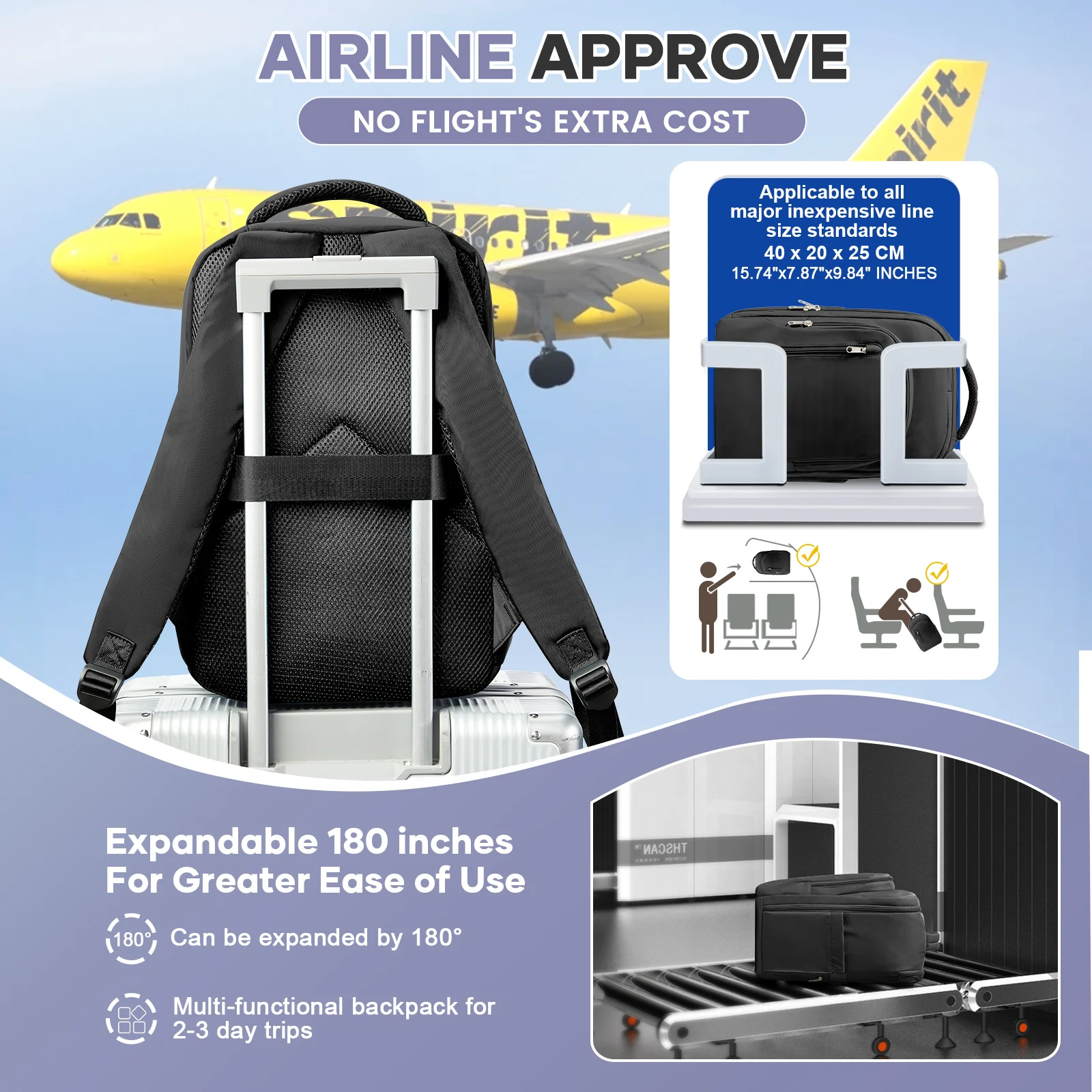 sac à dos de voyage pour cabine d'avion 40x20x25, sac à dos pour hommes et femmes, sac à dos d'université portable, sac à dos pour ordinateur portable, sac à dos pour bagage à main