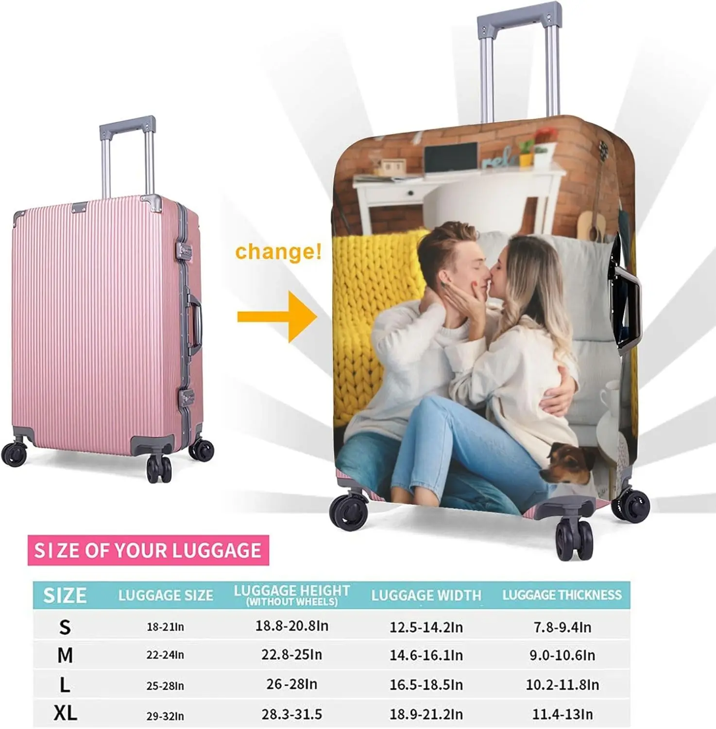 juste de bagage personnalisée avec photo et texte, protection de valise élastique personnalisée, lavable, double face, 1 pièce