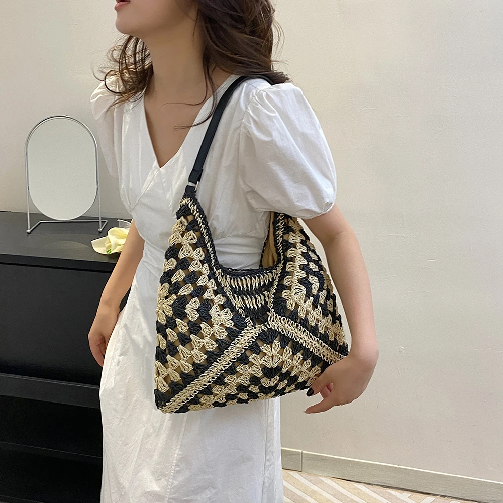 sac à main d'été bohème tressé, fourre tout décontracté, sac de plage en paille creuse, sac initié tissé, sac de voyage en raphia et rotin