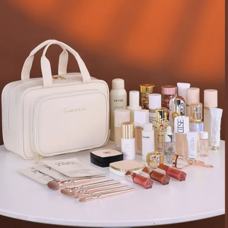 trousse de maquillage de grande capacité pour femme – organisateur cosmétique portable avec porte brosse et poignée de transport, trousse de maquillage adaptée aux voyages