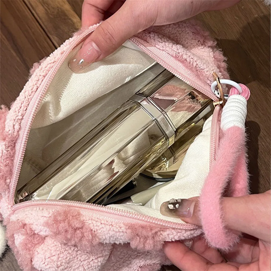 sacs de maquillage en peluche avec poignée, sac de rangement de cosmétiques de voyage souple, organisateur portable imprimé d'amour, trousse à crayons, pochette mignonne