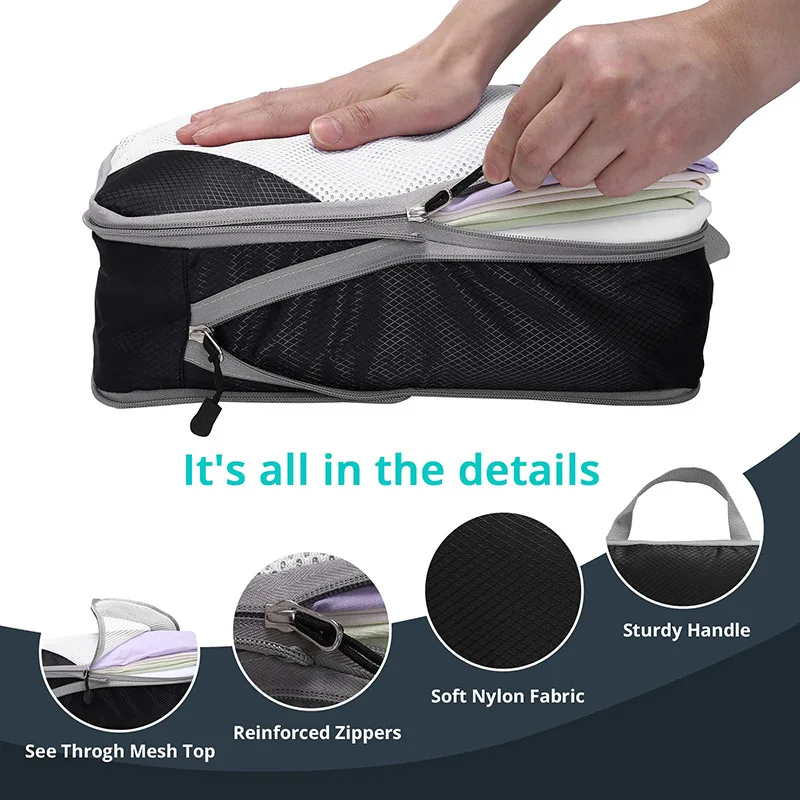 organisateur de bagages portable de voyage, sacs de rangement, cubes d'emballage à compression, sacs à chaussures avec maille, pochette légère et pliable