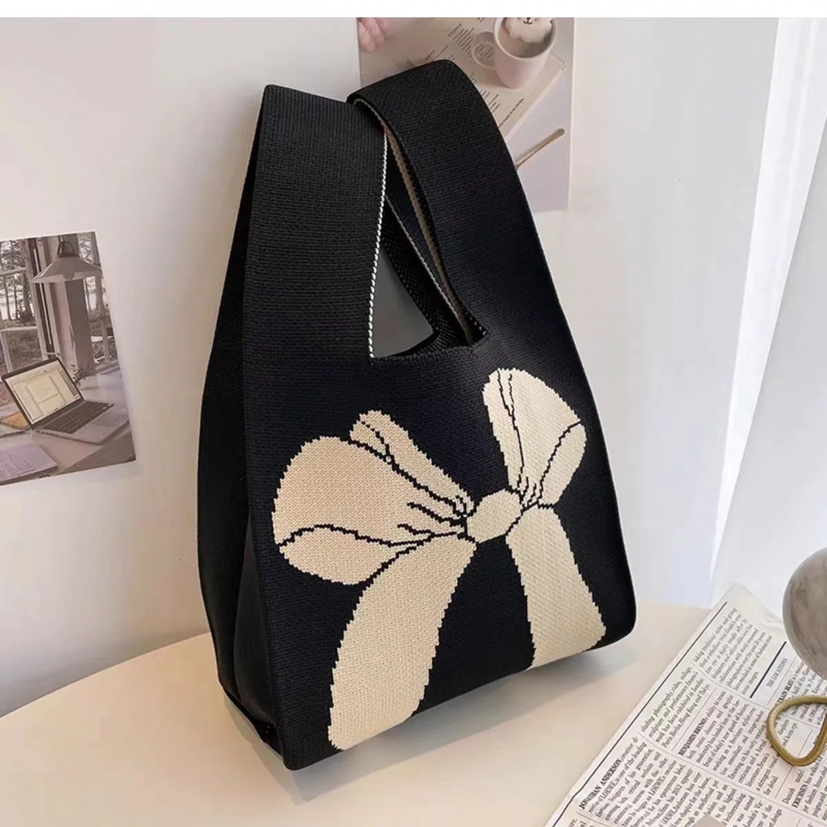 sacs à main à nœud pour femmes, sacs à main tricotés, sacs de poignet polyvalents, fourre tout à poignée supérieure, mini fourre tout rayé, sac seau pour téléphone