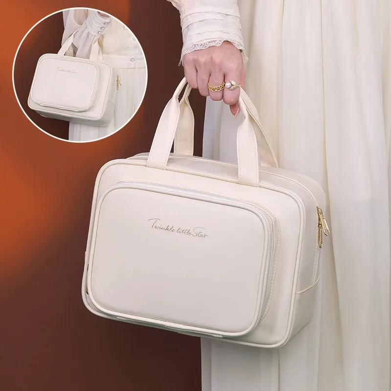 trousse de maquillage de grande capacité pour femme – organisateur cosmétique portable avec porte brosse et poignée de transport, trousse de maquillage adaptée aux voyages