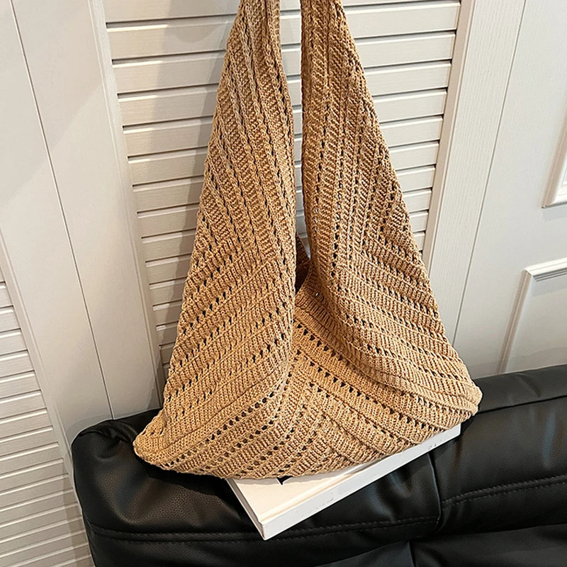 Sac fourre-tout en Crochet fait à la main pour femmes, sac tricoté de grande capacité, sac à bandoulière tendance de plage d'été de styliste ajouré, kaki