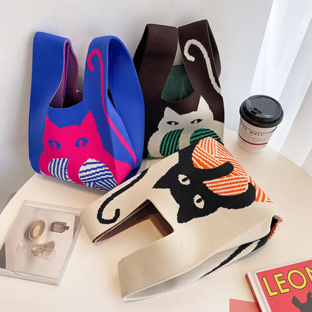 sac à main tricoté à la main pour femmes, mini sac de poignet à nœud, sac fourre tout à carreaux à large rayure, sac à provisions réutilisable pour étudiants