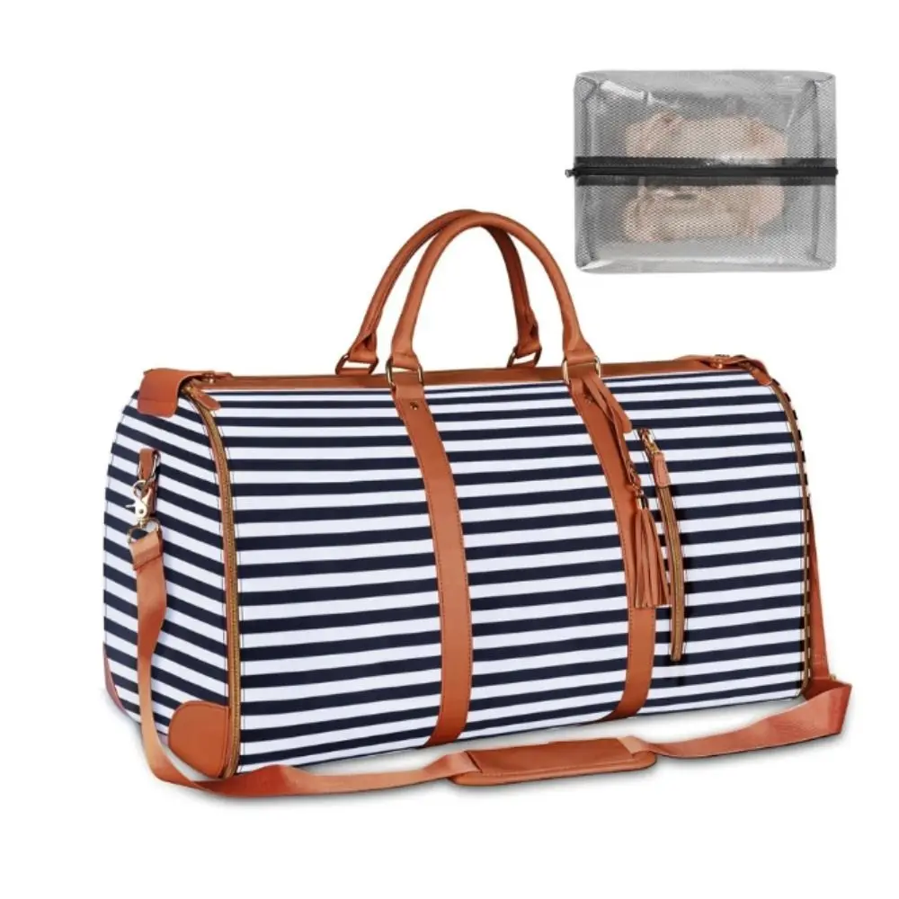 sac de voyage rayé à bandoulière de grande capacité, sac de sport pliable convertible en matériau pu, sac de costume pliable extensible de voyage