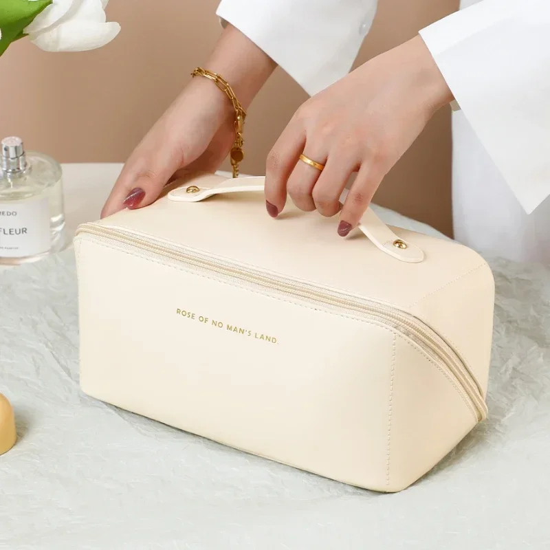 sac à cosmétiques de grande capacité, sac de rangement de cosmétiques, trousse de toilette de voyage portable en cuir pu, sac à cosmétiques pour femmes, organisateur de produits de toilette