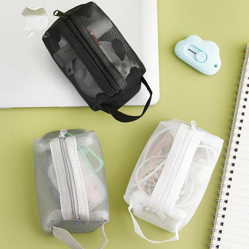 sacs à clés de grande capacité, sac à cosmétiques transparent, pochette de rangement carrée en maille, mini porte monnaie à fermeture éclair, mini sac de lavage, étui de papeterie