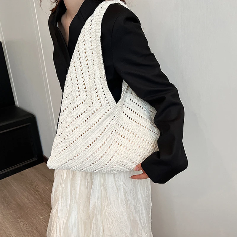sac fourre tout en crochet fait à la main pour femmes, sac tricoté de grande capacité, sac à bandoulière tendance de plage d'été de styliste ajouré, kaki