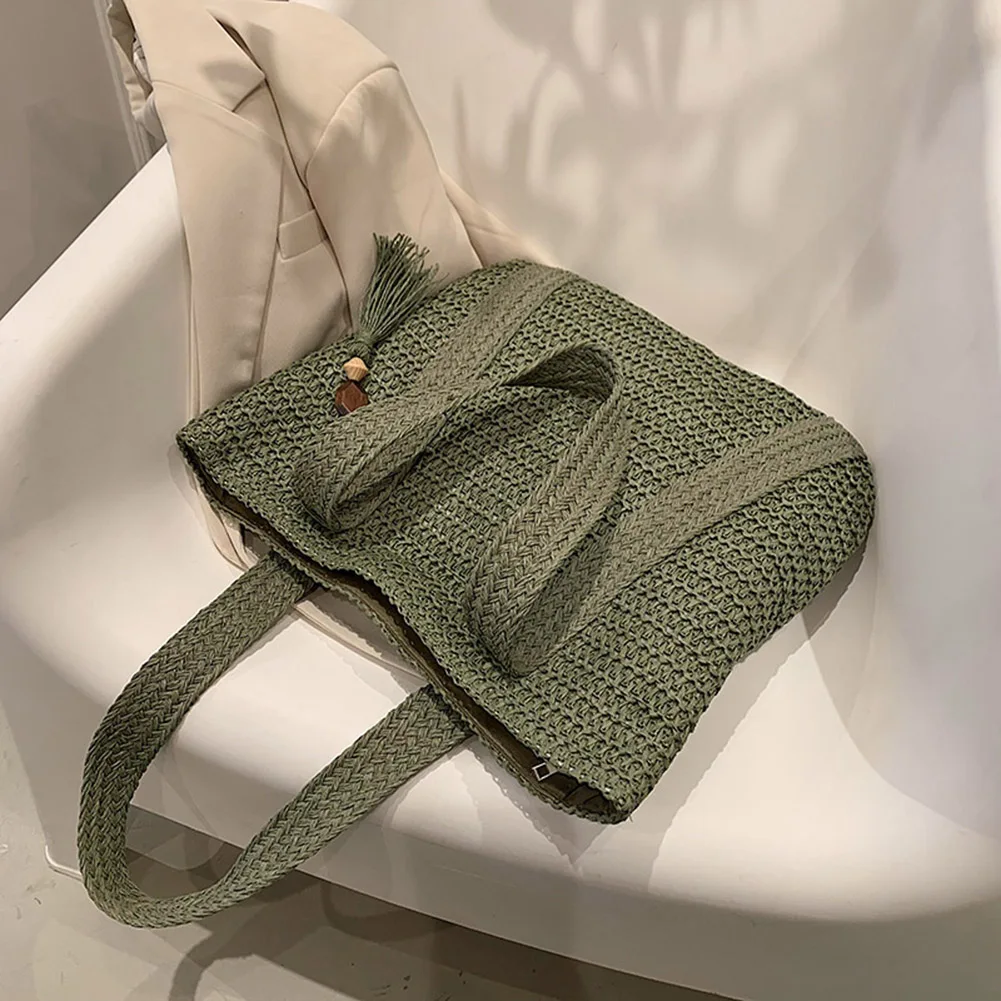sacs à main tissés à la main, sacs d'été à poignée supérieure, faits à la main, simples, grande capacité avec pendentif pompon, fourre-tout décontracté