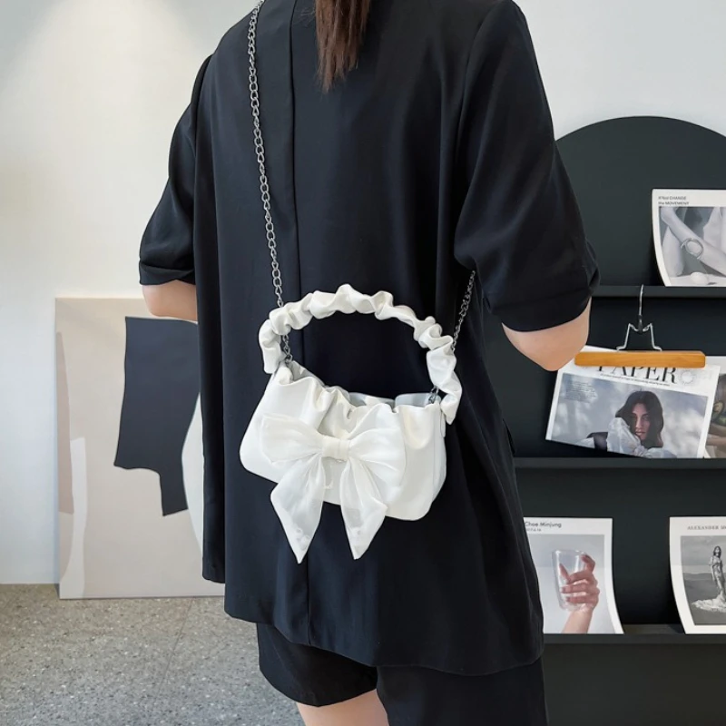 sac fourre tout rétro pour femmes et filles, fourre tout à la mode avec nœud doux, sac à bandoulière simple avec chaîne, sacs à main pliables et sac à main