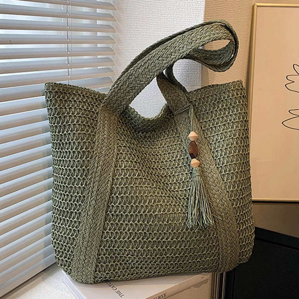 sacs à main tissés à la main, sacs d'été à poignée supérieure, faits à la main, simples, grande capacité avec pendentif pompon, fourre tout décontracté