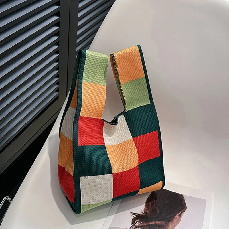 sac à main en tricot fait à la main pour femmes, mini sac de poignet à nœud, fourre tout décontracté à larges rayures de couleur, sacs de shopping réutilisables pour étudiants