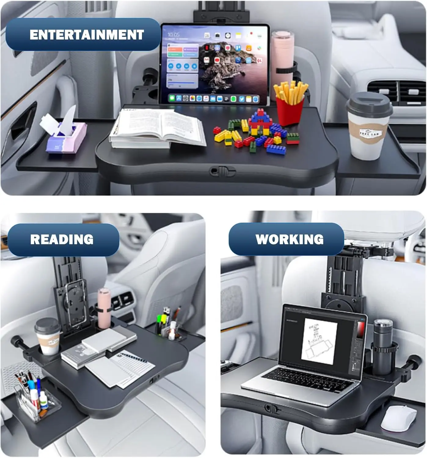 bureau extensible pour siège arrière de voiture pour ordinateur portable et salle à manger, avec coussinet antidérapant et support pour appareil. parfait pour le travail/alimentation