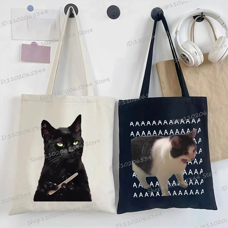 Sacs à main pour femmes Meme chat drôle toile sacs à provisions dessin animé Animal sac à bandoulière pliant réutilisable fourre-tout sacs pour femmes hommes
