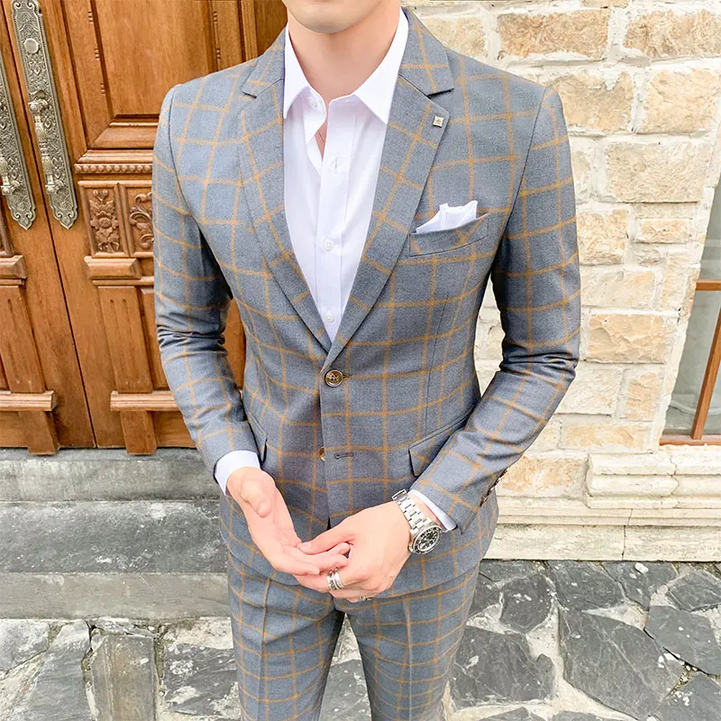 quatre saisons nouveau m 5xl grande taille hommes (costume + pantalon) élégant et beau mesure à carreaux décontracté deux pièces ensemble
