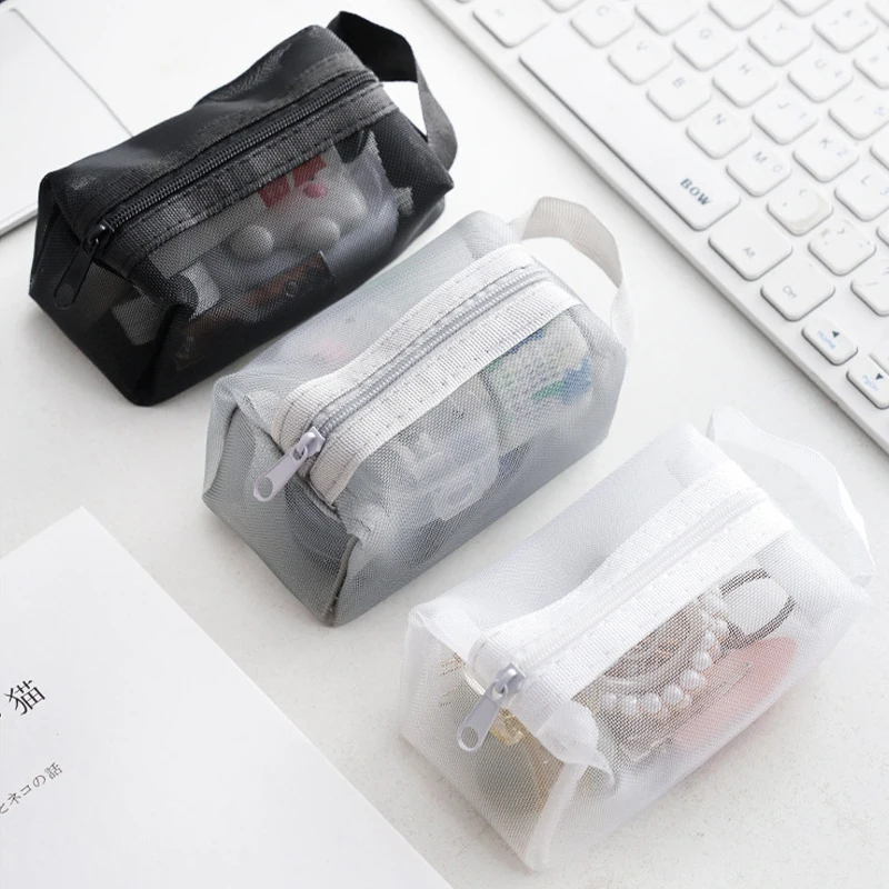 sacs à clés de grande capacité, sac à cosmétiques transparent, pochette de rangement carrée en maille, mini porte monnaie à fermeture éclair, mini sac de lavage, étui de papeterie