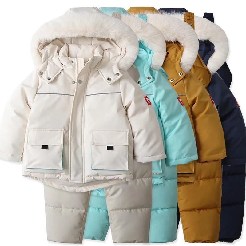 Combinaison de Ski pour enfants, coupe-vent et imperméable, doudoune et pantalon, manteau de neige, salopette, pantalons en duvet, Parkas, ensembles doux et chauds