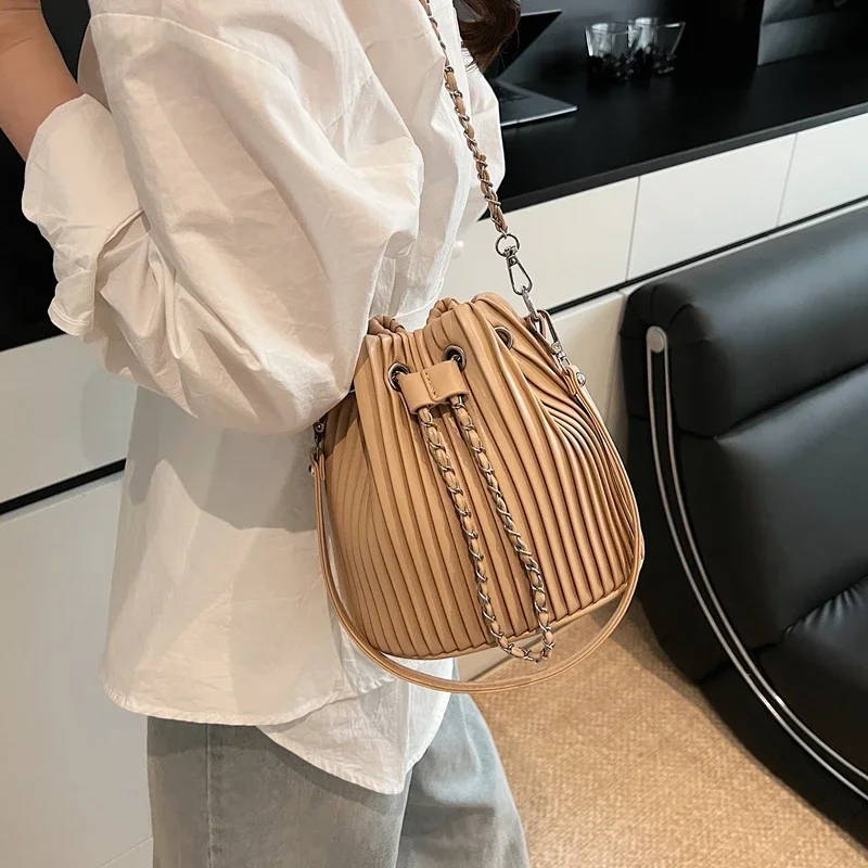 sac à bandoulière en cuir pu pour femmes, design de marque, sac seau à rayures plissées, mini petit sac à bandoulière simple pour dames