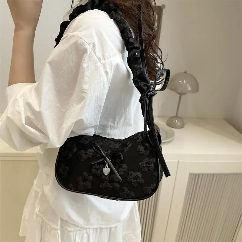 sac à main chic en forme de croissant pour femmes, avec nœud imprimé floral, design plissé, tendance, sac à bandoulière luxueux pour filles douces