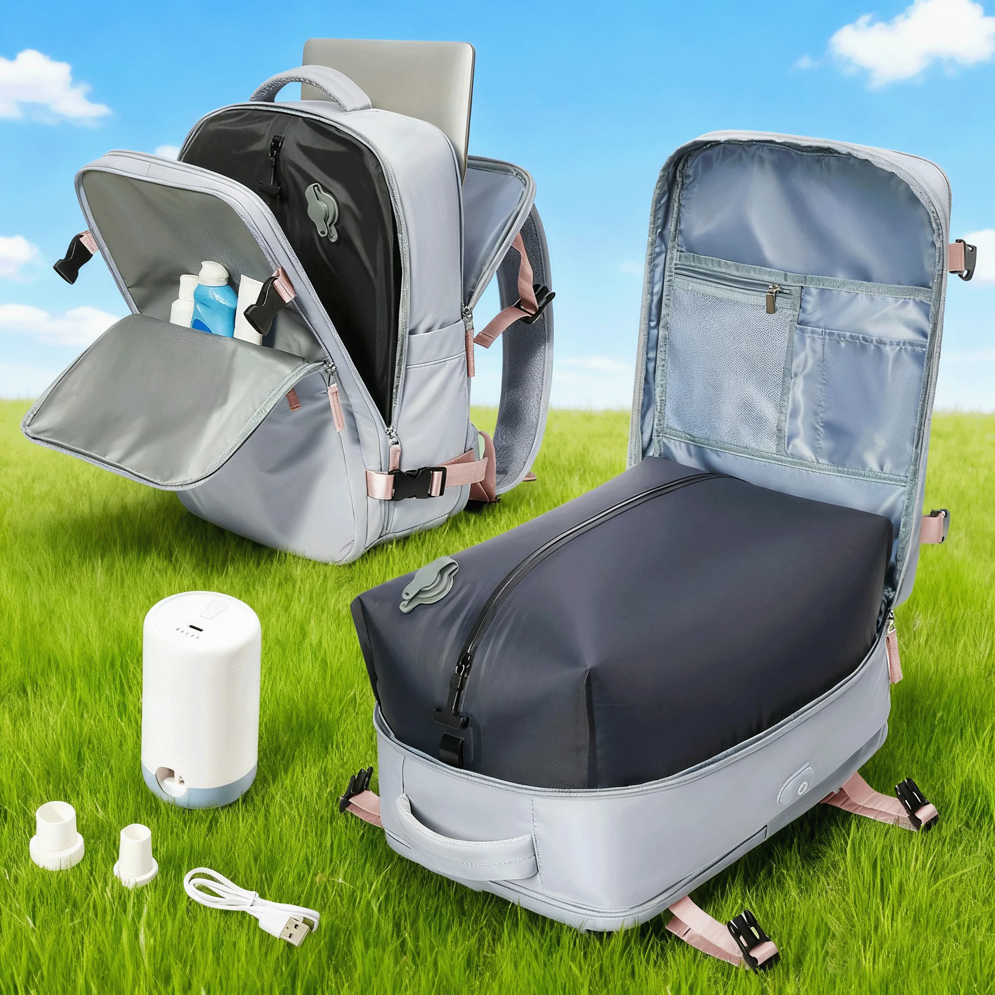 Sac à dos de voyage sous vide avec pompe (cabine Easyjet) - Sac à main d'avion pour ordinateur portable 15,6" étanche - Unisexe - Hommes Femmes Bagage de cabine