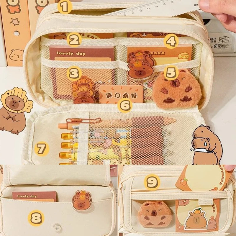 trousse à crayons en tissu mignon kawaii, grande capacité, capybara, fermeture éclair, sac pour enfants, pochette pour stylos, fournitures scolaires, cadeau