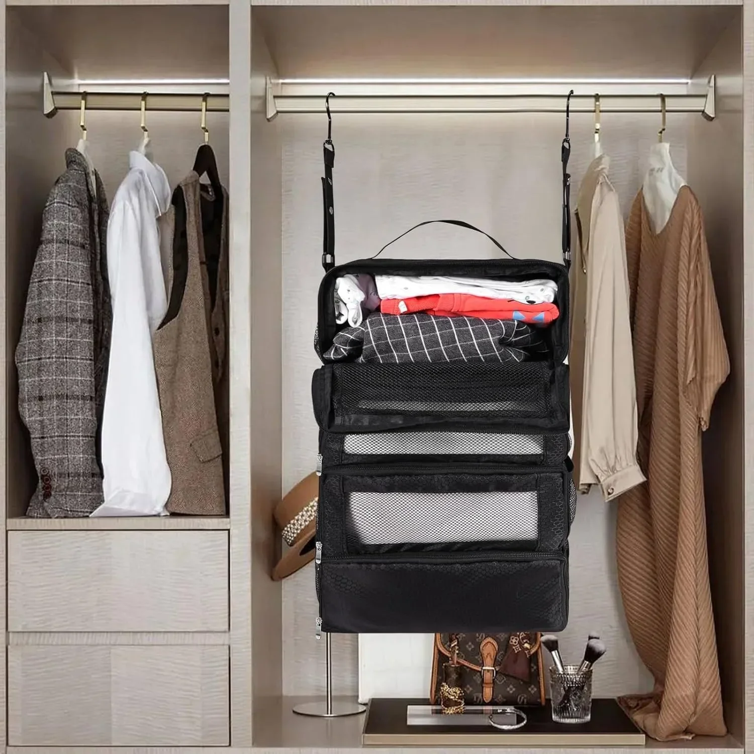 organisateur de valise, organisateur de bagages de voyage de grande capacité, étagère suspendue, emballage cube placard, sacs de rangement pliables suspendus