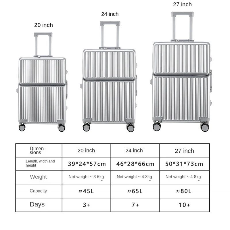 bagage grande capacité 2025 nouvelle valise multifonction cadre en aluminium boîtier de chariot 20/24/27 pouces boîte de cabine d'embarquement