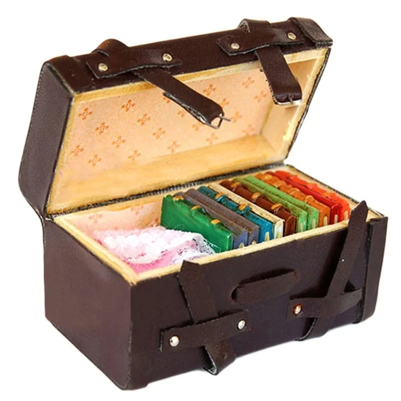 valise en bois et cuir vintage miniature pour maison de poupée, mini bagage, 1/12