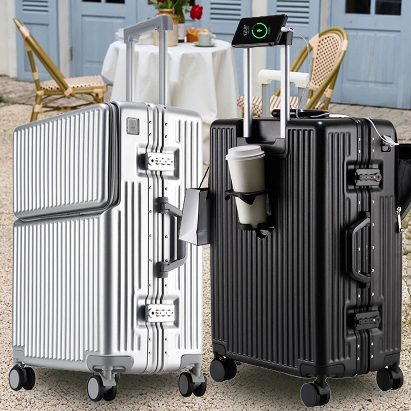 valises bagages ouverture avant cabine bagages avec usb porte gobelet femme boîtier de chariot mâle roue de frein sac de voyage bagages