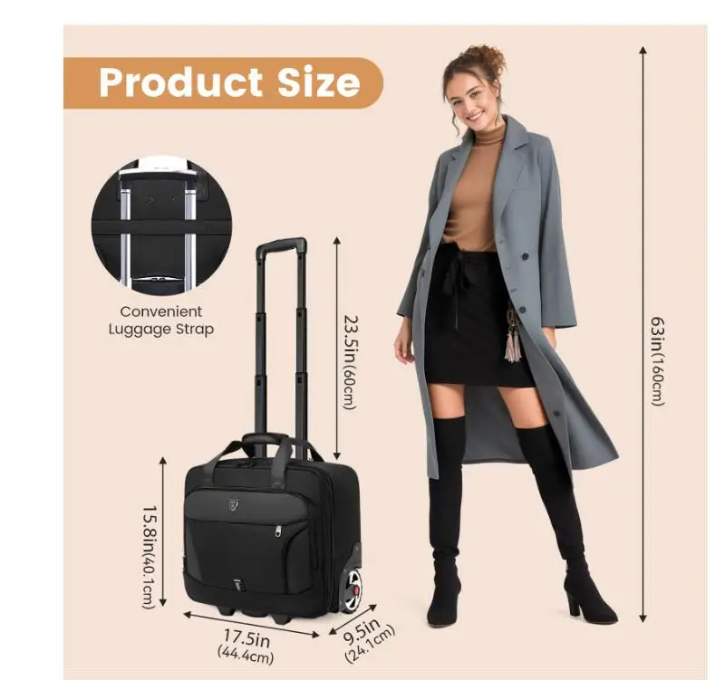 valise d'affaires à roulettes de grande capacité, bagage à main de voyage, sac à roulettes, taille de cabine, 18 po, nouveau, 2024