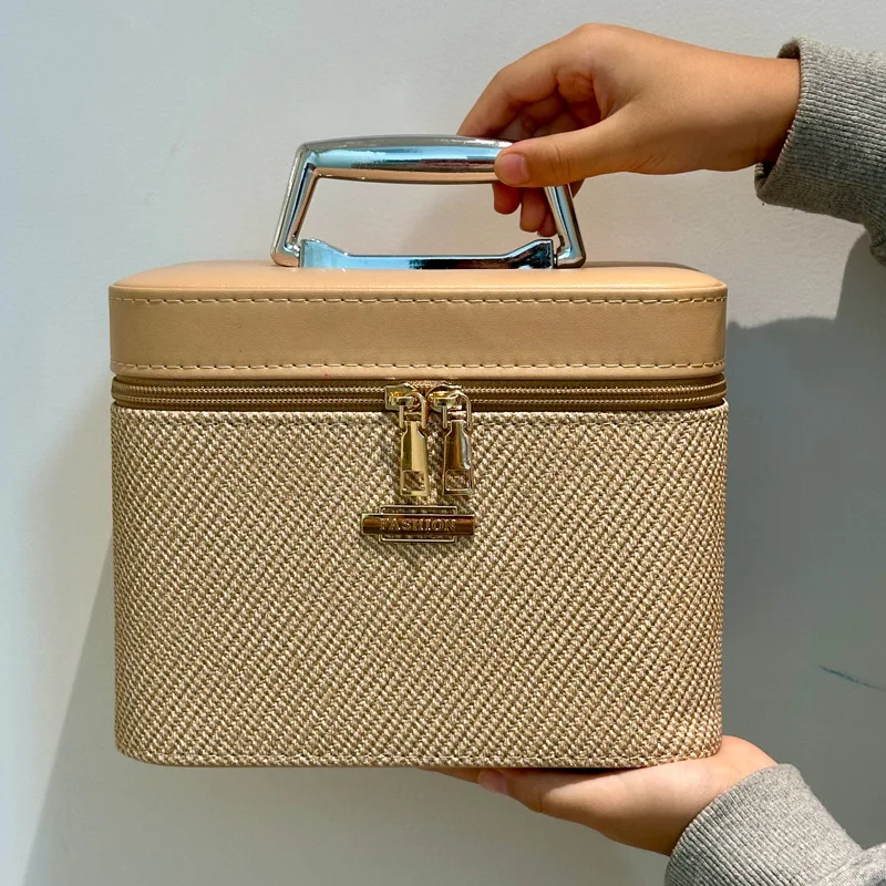 sac à cosmétiques portable en pu de grande capacité, boîte de maquillage à main, organisateur de rangement, style urbain simple, multifonctionnel unisexe