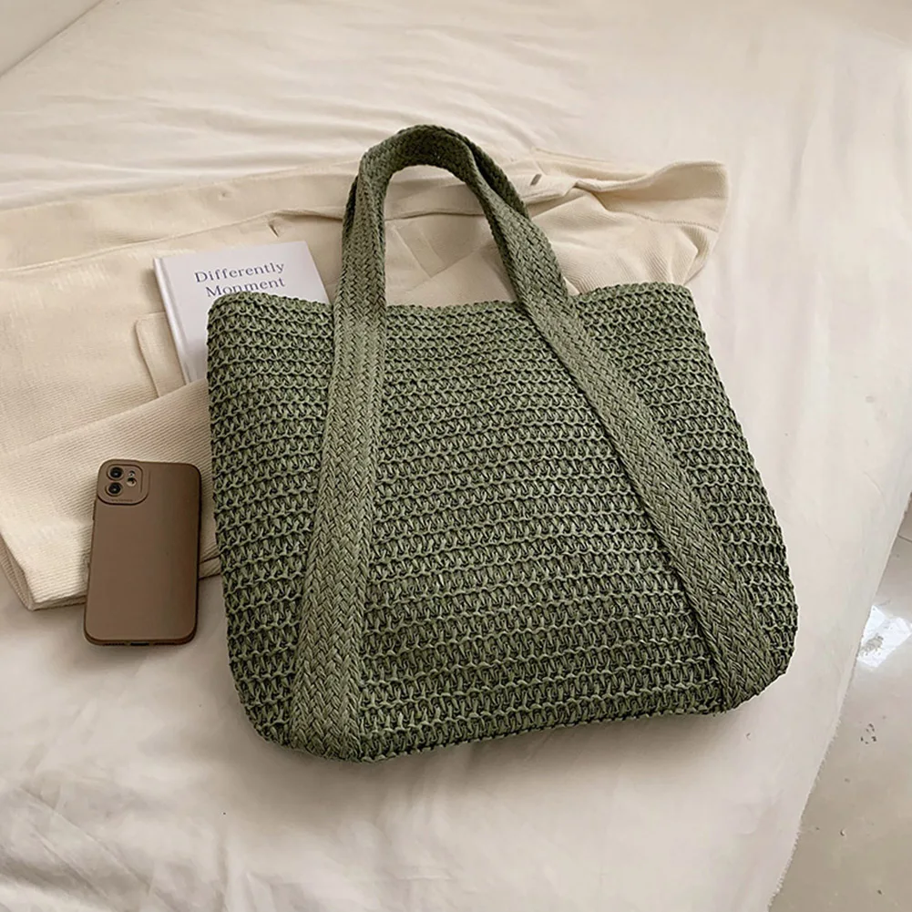 sacs à main tissés à la main, sacs d'été à poignée supérieure, faits à la main, simples, grande capacité avec pendentif pompon, fourre tout décontracté