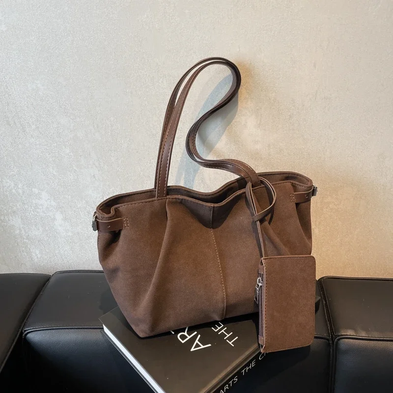 grand sac fourre-tout en daim pour femme, léger, sous les bras, sac à main décontracté, solide, document, voyage, initié, e27