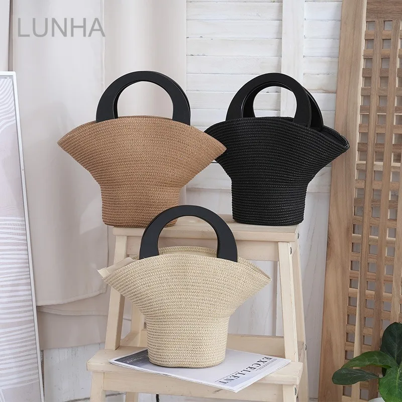 Sac à main tissé en paille en forme de chapeau pour femmes, fourre-tout de plage d'été, sac seau en paille de blé fait à la main pour les voyages de vacances