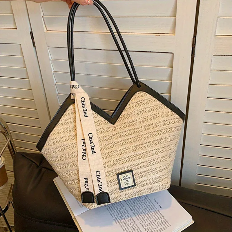 sac fourre tout de plage tissé en paille chic pour femmes, sac à main tissé léger, sac à bandoulière parfait pour les vacances d'été, les jours de piscine, les voyages