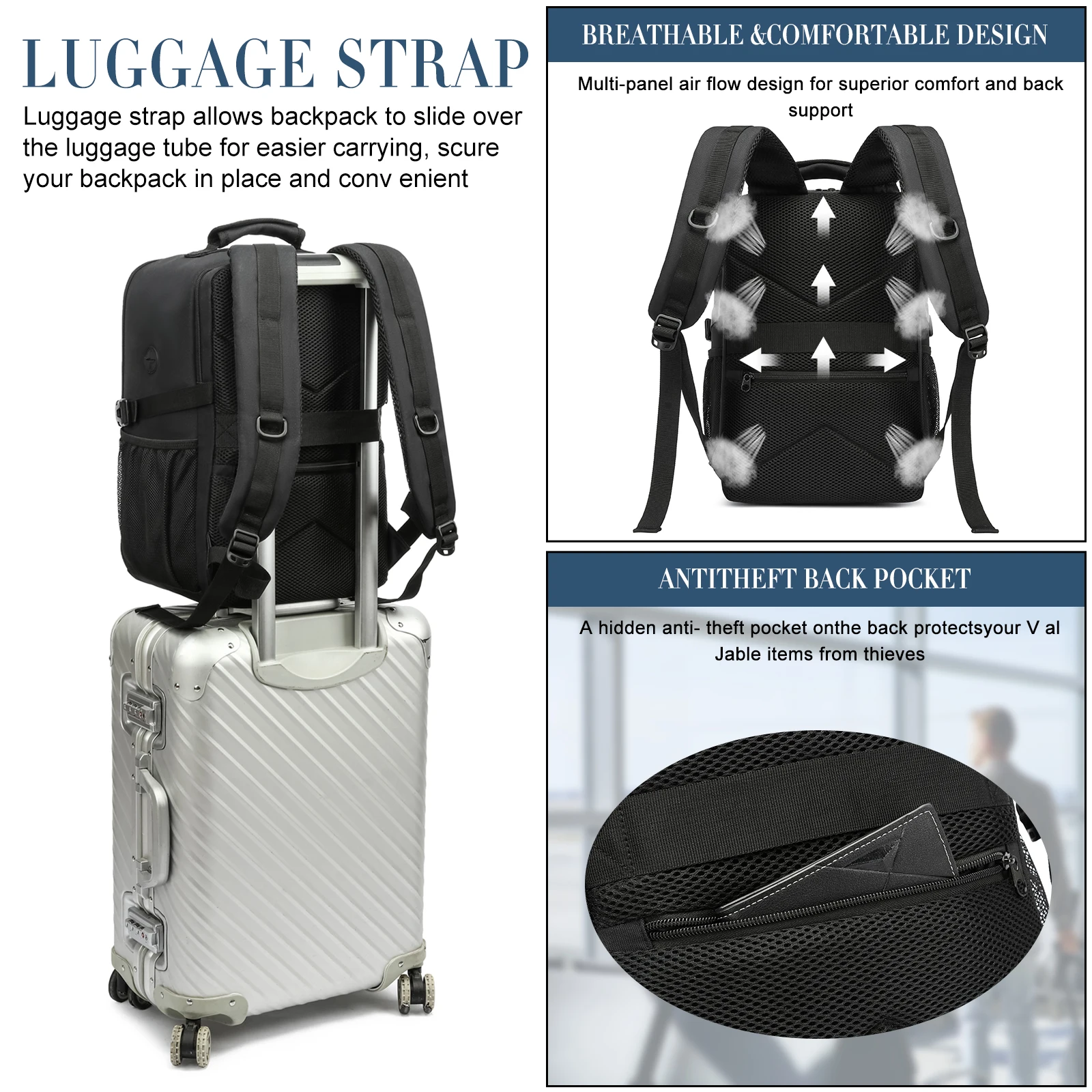 sacs à dos de voyage 40x20x25, sac de cabine ryanair, valise à main unisexe, sac à dos pour ordinateur portable de 15.6 pouces pour l'école, bande réfléchissante de nuit