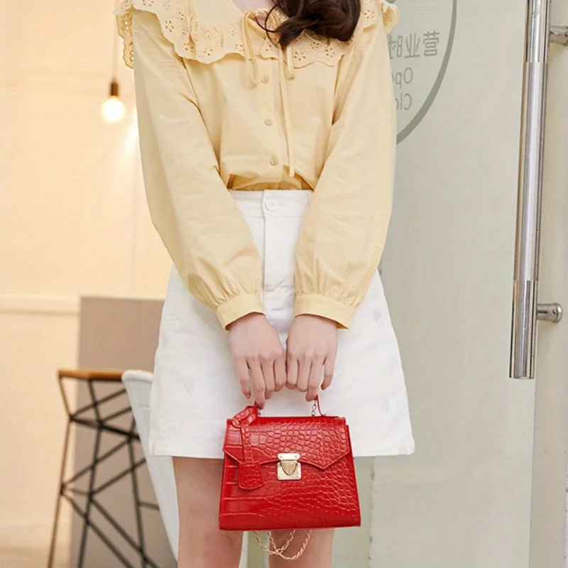 mini sac à main chic en relief crocodile pour femme, document chimsolide, sangle partner, fermeture twist lock, doublé polyester