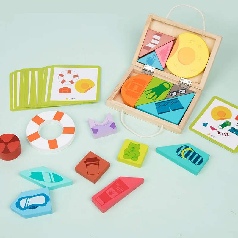 puzzle de rangement de valise en bois, jeu déployé sans retard, puzzle de voyage, jouet de puzzle d'entraînement à l'imagination spatiale pour enfants