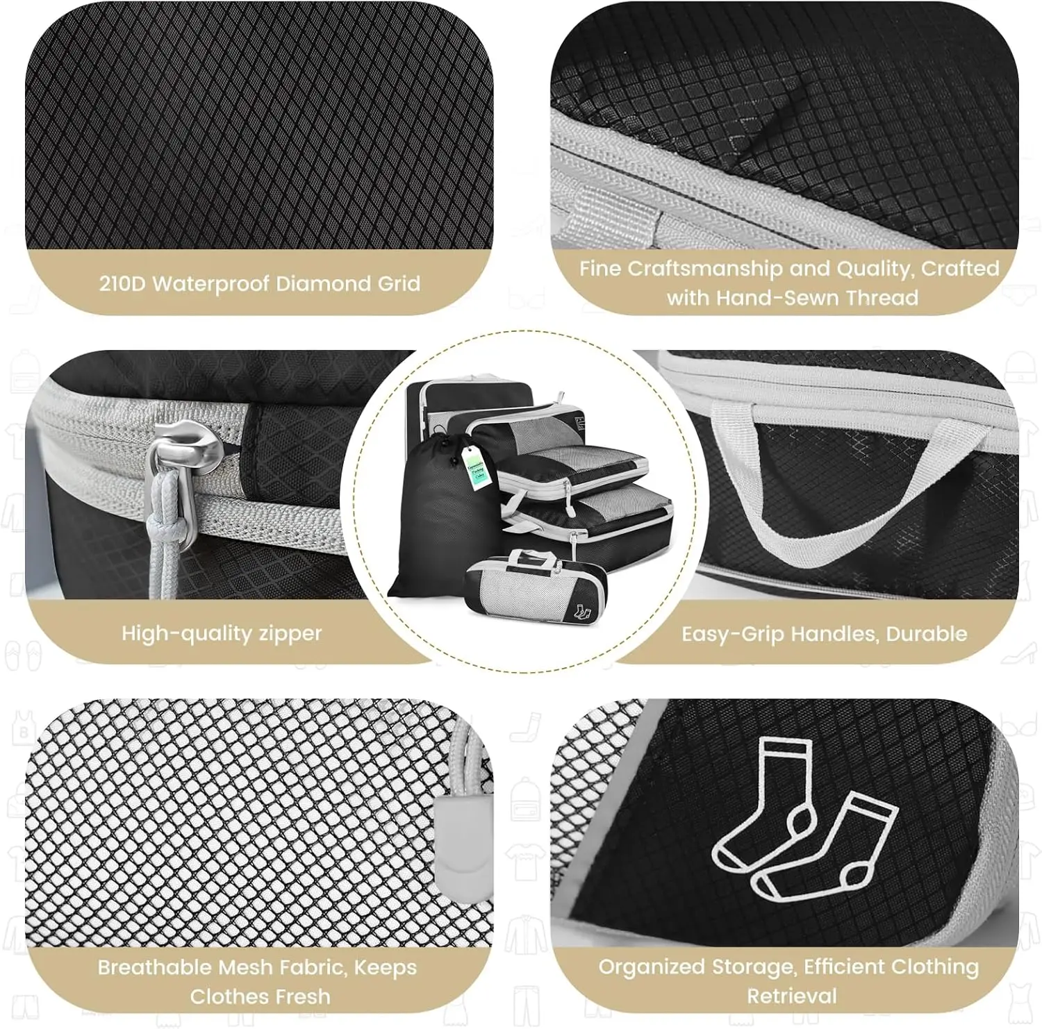 cubes d'emballage compressés de voyage, ensemble d'organisateurs de rangement avec sac à chaussures, bagages visuels en maille, valise légère et portable 6 pièces