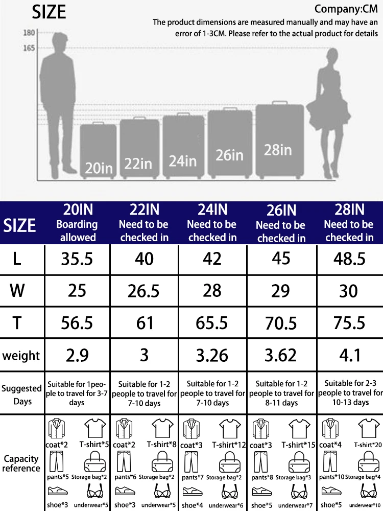 valise de voyage de grande capacité – bagage à main léger abs + pc pour femme, 20/22/24/26/28 pouces, adapté aux voyages