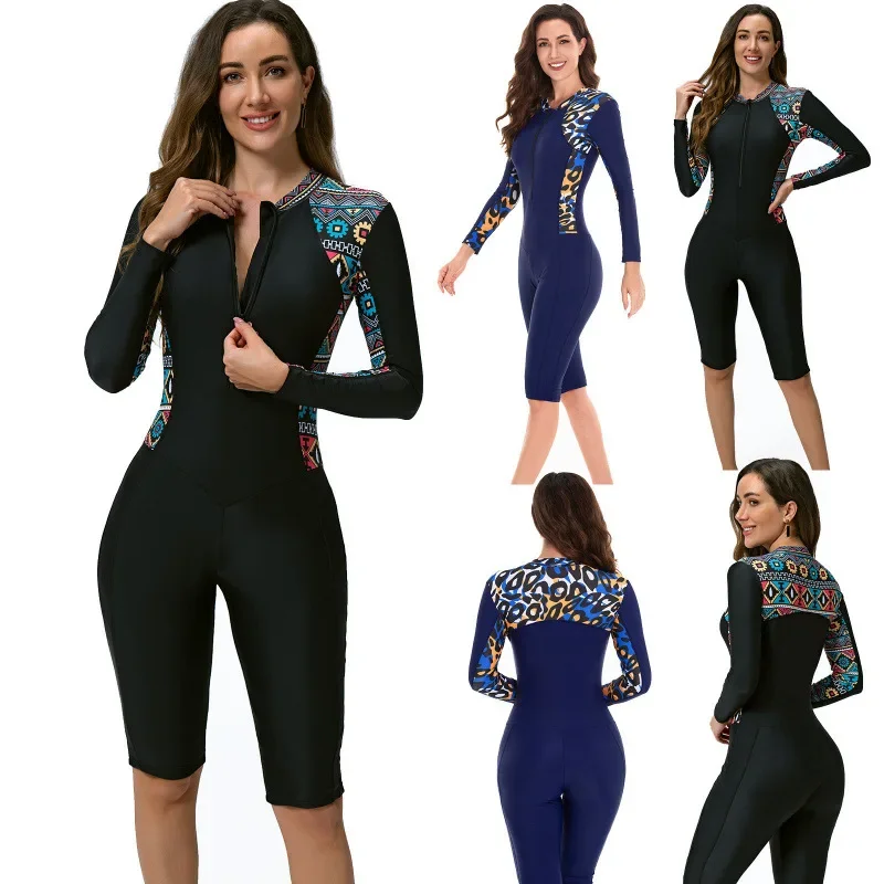 Combinaison de Surf une pièce à manches longues pour femmes, combinaison de plongée conservatrice de grande taille, pieds plats, cinq pièces, Costume de natation