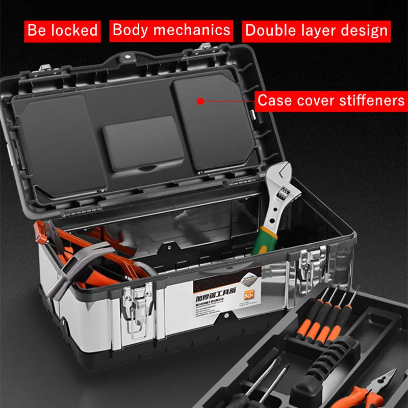 boîte à outils valise en acier inoxydable 14/17/20 pouces boîte à outils portable domestique matériel boîte à outils stockage mallette métallique