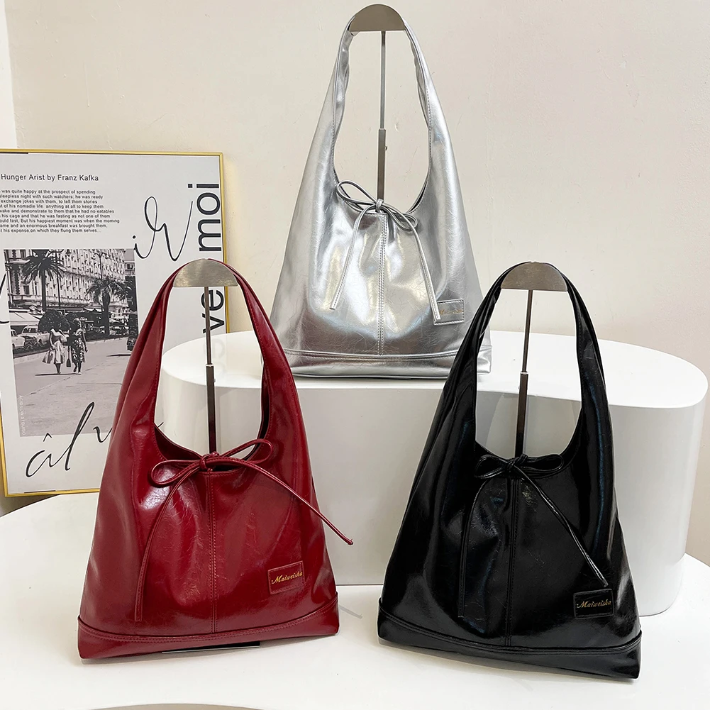 sac à bandoulière élégant avec nœud en pu pour femmes, fourre tout décontracté sous les bras de grande capacité avec petite pochette pour un usage quotidien